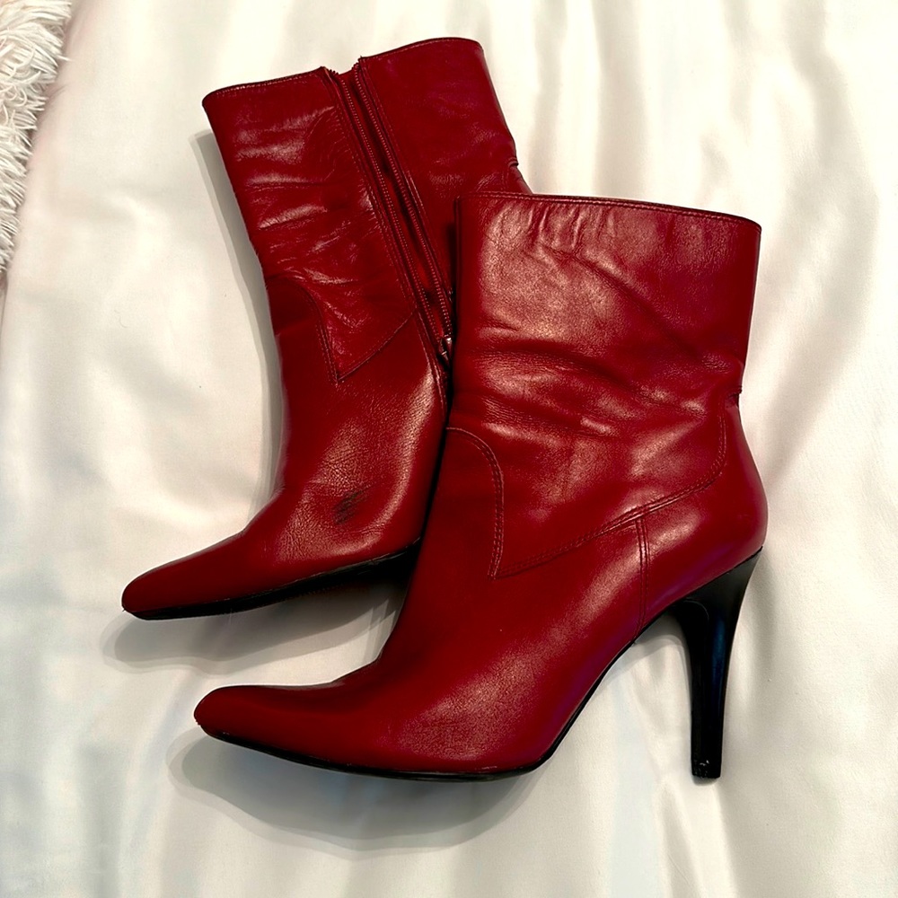 Red leather heeled booties